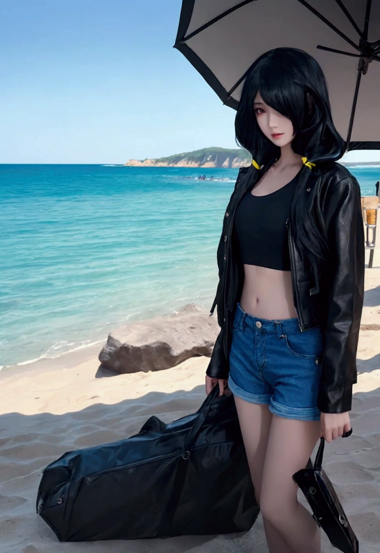 ultra-detailed, highly detailed,nbest quality, masterpiece, illustration, 
A young individual with long, black hair stands on a sandy beach with the ocean in the background. They are wearing a black leather jacket with yellow accents, a black crop top, and blue denim shorts. An umbrella and some stone structures are partially visible behind them. The weather appears sunny and clear.