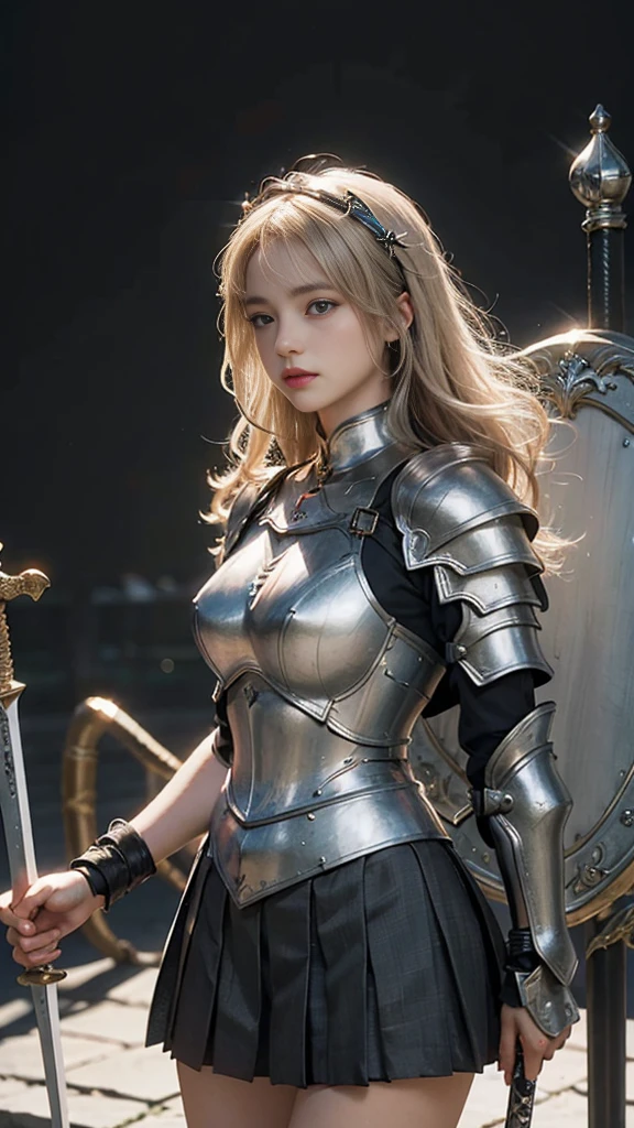 Bright expression、Pony Talk、young, Sparkling, White and glowing skin、Best Look、Blonde reflection、Platinum blonde hair with dazzling highlights、Shiny bright hair,、Super long silk straight hair、Shiny beautiful bangs、Sparkling, clear, attractive big blue eyes、so beautiful, Dashing, Cute 16 year old girl、Ample breasts,Beautiful attention to detail, Beautifully detailed nose,(( whole body:1.25)),Makeup emphasizes the eyes、((Pleated skirt:1.3)),(A woman like Joan of Arc:1.3)、(armor:1.3)、knighthood, (Equipped with sword and shield:1.2)，Royal Style，Comic book style, , Scattered beneath the surface, Stunning details, Natural background, Surreal, movie, Dramatic lighting, Tabletop、(ornamental armor)、(Wear an aura:1.5)、Circlet、((Princess Night))、Frilled、
