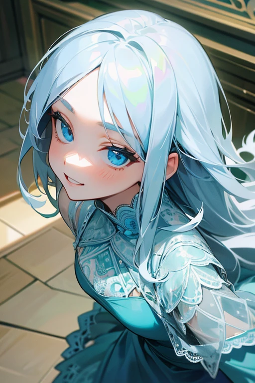 (masterpiece: 1.2, Highest quality), (Actual Photos, Intricate details), 1. woman, alone, Upper Body, casual, Shoulder-length hair, Minimal makeup, Natural materials, Face close-up, smile, Home, Long white hair、blue eyes, Shoulder Bare、Smiling with teeth showing、((Green lace dress))、((blue eyes))、Keep the image of your face、((Butt-bang))、(Looking up)、