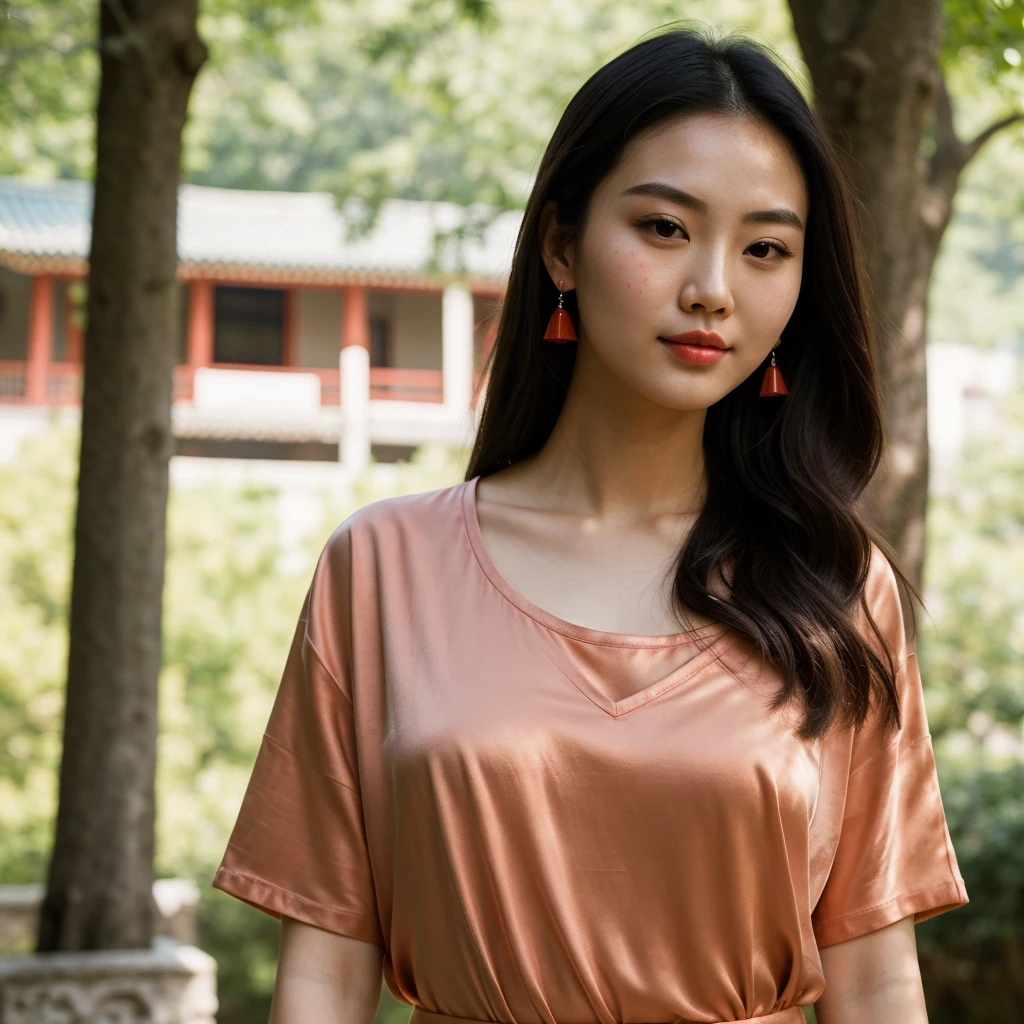 ((best quality)), Close-up of a woman with long hair wearing a green shirt, Chinese girl, Gorgeous Chinese model, beautiful south korean women, Ruean Jia is very beautiful.!, Inspiration from Huang Ji, gongbi, Korean girl, Xindong Chen, Li Zixin,Big eyes,Double eyelids, black eyes, very large breasts, 38 inches, The chest is round and curved and shiny., abdominal muscles, perfect body, Wear a dark round neck t-shirt., Bright colors, expensive silk, outdoor, Warm light, The morning sun shines beautifully., (digital painting, HDR, high contrast), straight face, face focus), (Highest quality:1.4, 3D 8K, 45,000,000,000,pixels,),(Masterpiece:1.3),(sharp focus:1.2),glowing face, (Red cheeks:1.4), ยืนเดินoutdoor, The evening sun shines beautifully and realistically., 