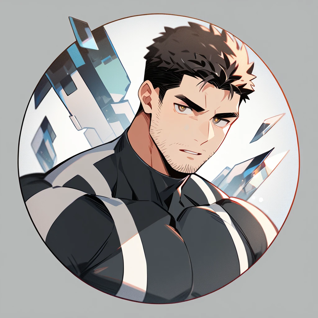 anime characters:Chris Redfield, Muscle Sports Student, Buzz Cut, Manliness, male focus, Dark black high collar long sleeve tight T-shirt, Slightly transparent material, Very tight, Round, full and perky chest muscles, muscular male, muscular, only, Upper body, alone, Black short hair, Thick eyebrows, stubble, Brown-red pupils, Grey background, simple background, amazing quality, best aesthetics, Ridiculous, crew cut, parted lips, v-shaped eyebrows, jitome, best quality