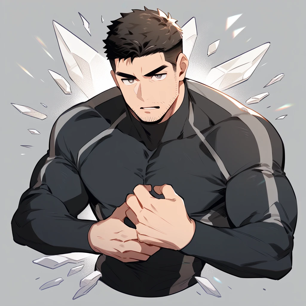 anime characters:Chris Redfield, Muscle Sports Student, Buzz Cut, Manliness, male focus, Dark black high collar long sleeve tight T-shirt, Slightly transparent material, Very tight, Round, full and perky chest muscles, muscular male, muscular, only, Upper body, alone, Black short hair, Thick eyebrows, stubble, Brown-red pupils, Grey background, simple background, amazing quality, best aesthetics, Ridiculous, crew cut, parted lips, v-shaped eyebrows, jitome, best quality