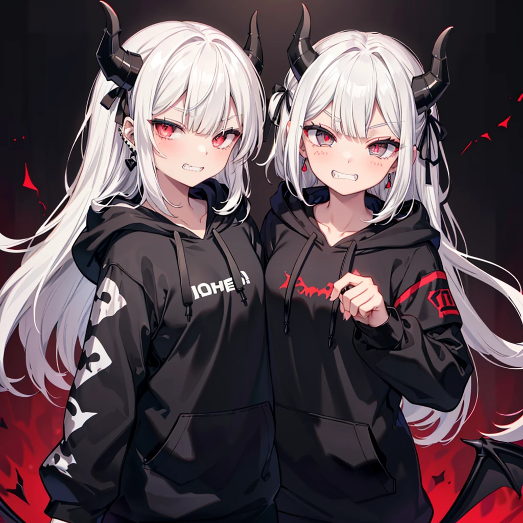 ((((Jagged Open your mouth Grin)))) (((Black hoodie Wearing a hood Demon Horns Crimson Eyes))) ((Shiny earrings Small black ribbon)) Heart Background Shining Edge Shining Background