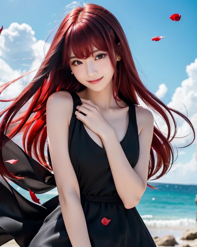 (Highest quality, 32k, High resolution, Masterpiece:1.5, ), marimo_jet, god々A photograph with brilliant dazzling and healing power., Evoking a sense of calm and elusive beauty, Expressing emotions, Have a rich imagination, Beautiful Japanese Girls, An exceptionally beautiful face, Small Face Beauty, Perfect Human Anatomy, Magical big eyes, Motherhood and generosity, Deep Love, fleeting smile, ((Shiny crimson hair:1.4)), Super long straight silk hair swaying in the wind, Asymmetrical bangs, Hair between the eyes, Transparent, soft white skin, Sharp eyebrows, Thin lashes, Natural Makeup, Cheek highlighter, Lips with fine detail, (Black dress:1.7), High resolutionの完璧な鎖骨, High resolutionの美しい胸元, Slim figure with ample breasts, High resolutionの美しい太もも, ((Beautifully detailed skies:1.2)), ((Vibrant petal effect:1.2)), Professional photographer, Professional Lighting, Professional models, god秘的