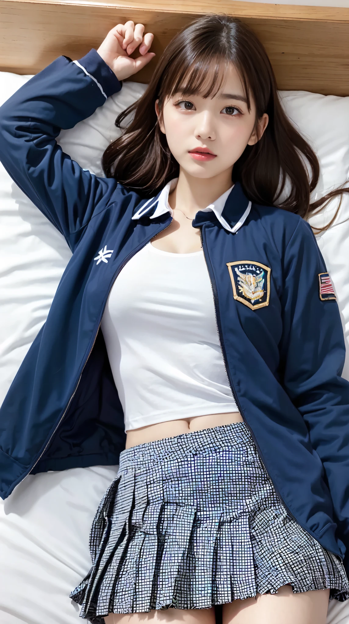 high school girl、uniform 、Navy jacket、Checkered pleated skirt、White shirt、Bedroom、lying on one's back on the bed、Sexy pose、Perfect proportions、cute、((20-year-old female, 1 person:1.ung and adorable Japanese face,Big Breasts, valley, Official Art,Highly detailed CG Unity 8K wallpaper,(masterpiece:1.0),(Highest quality:1.0), High resolution,4K,Very detailed, photo shoot, 8K, nsfw, High resolution, Kodak Portrait 400, Film Grain, Lens flare brilliance, Professional Lighting,Cinematic Light, View your viewers