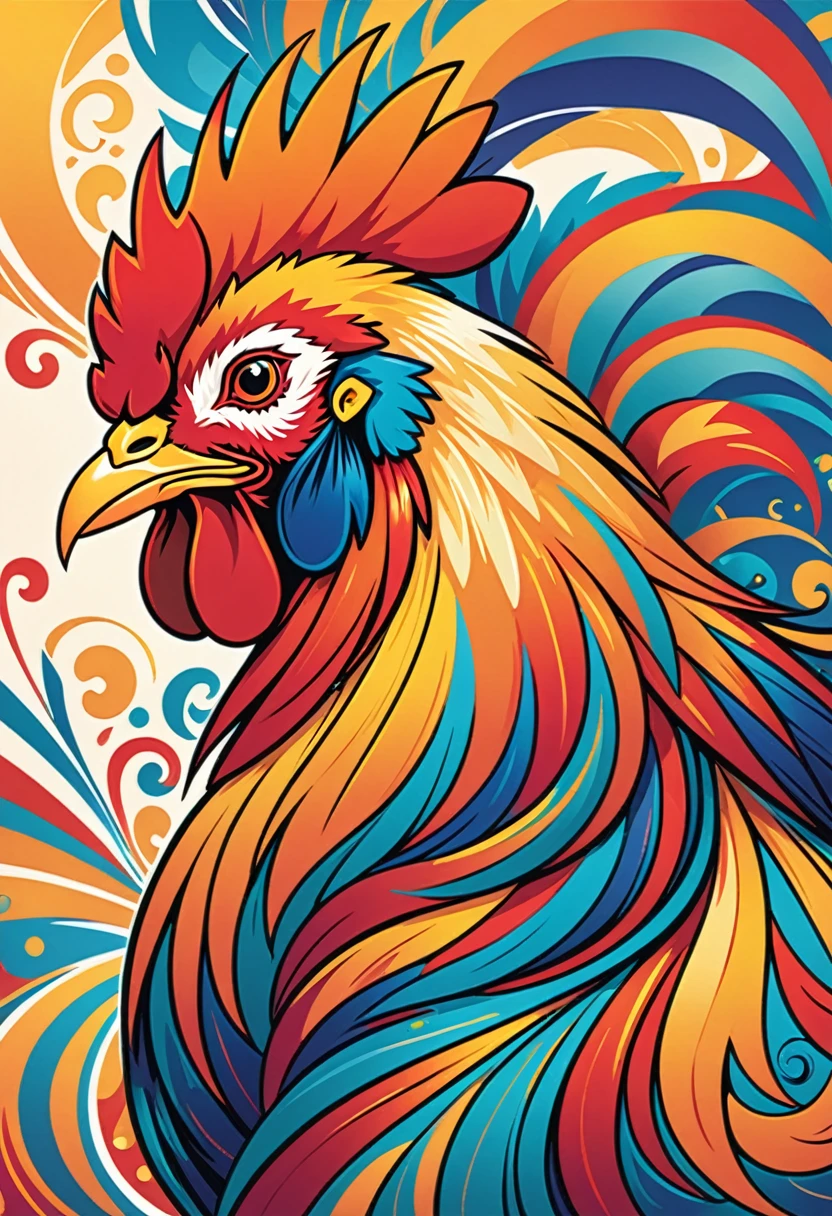vectorial art, With colorful illustration of the Barcelona rooster in the center, swirly vibrant colors, high détail,Hawaiian style background