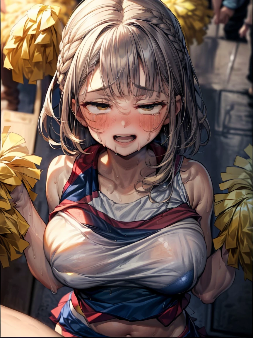 (Very tiny girl rides guy perfectly:1.5)、(Petite girl riding:1.3)、(Big Breasts:2)、(eyes half closed:1.9)、(Grin:1.1)、(tears:1.2)、(The body shakes violently)、8K resolution、 ((Highest quality))、Anatomically correct、(Cheerleader:1.9)、((Hasselblad Photos))、[:(Detailed face:1.2):0.2]、(heavy rain:1.5)、(Sweaty:1.6)、((Top view:1.9))、(braid one's hair:1.5)、(Loss of strength from the body:1.3)、(呻吟)、(Jump:1.6)、(Surrounded by a lot of middle-aged men:1.6)、((Upper Body:1.9))、(Leaning forward:1.6)、(rape:1.3)、(shame:1.3)、(Groping the chest:1.6)、(Short bangs:1.3)、(I can see your chest:1.3)
