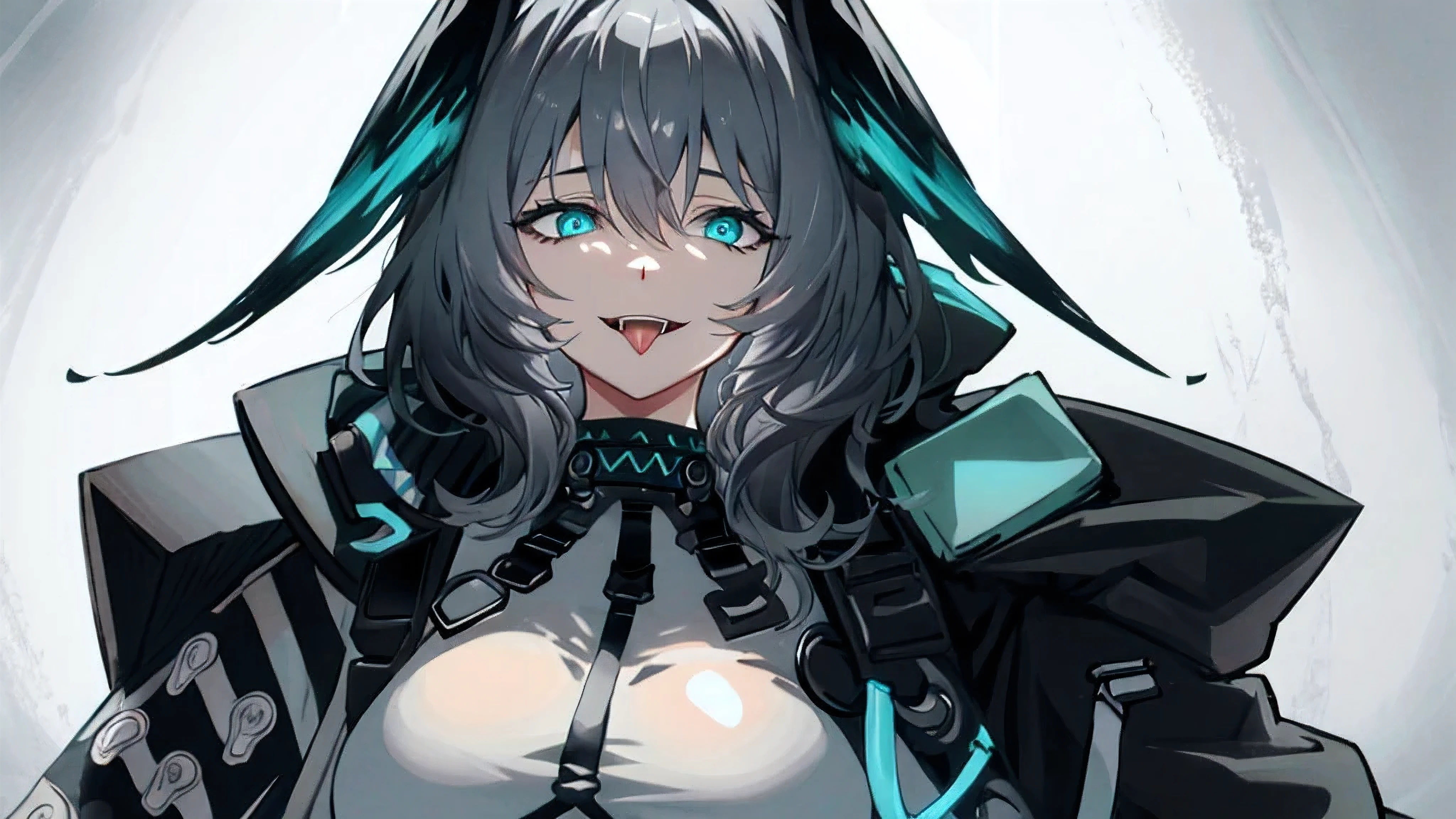 1girl, open_mouth, solo, tongue, fingerless_gloves, hood, tongue_out, smile, grey_hair, portrait, aqua_eyes, hair_between_eyes, looking_at_viewer, fangs, gloves, white_gloves, best_quality, 4k, 8k, highres, masterpiece:1.2, ultra-detailed, realistic:1.37, sharp_focus, vivid_colors, character_from_arknights