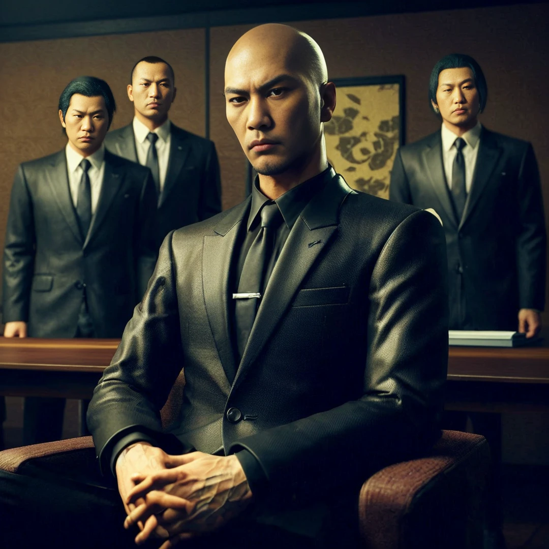 Yakuza with a side bangs, wearing a black suit, sitting with his friend, a bald yakuza in a black suit, the two of them are sitting in a meeting room, their four bodyguards are standing behind them wearing black suits, the background is a yakuza meeting room with brown walls , black tables, and yakuza-style decorations, cinematic, realistic, detailed face, very detailed, 4k