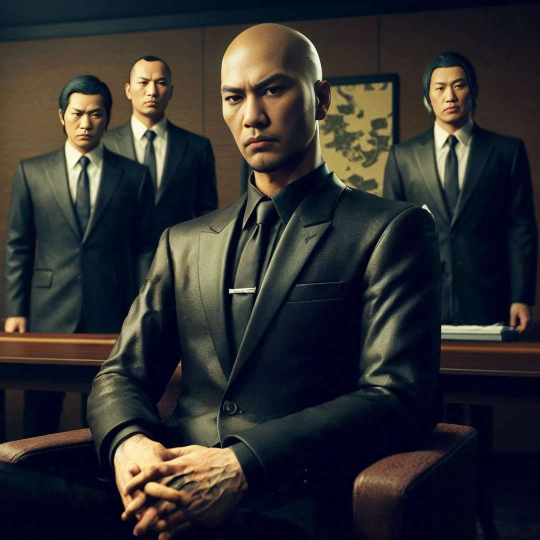 Yakuza with a side bangs, wearing a black suit, sitting with his friend, a bald yakuza in a black suit, the two of them are sitting in a meeting room, their four bodyguards are standing behind them wearing black suits, the background is a yakuza meeting room with brown walls , black tables, and yakuza-style decorations, cinematic, realistic, detailed face, very detailed, 4k