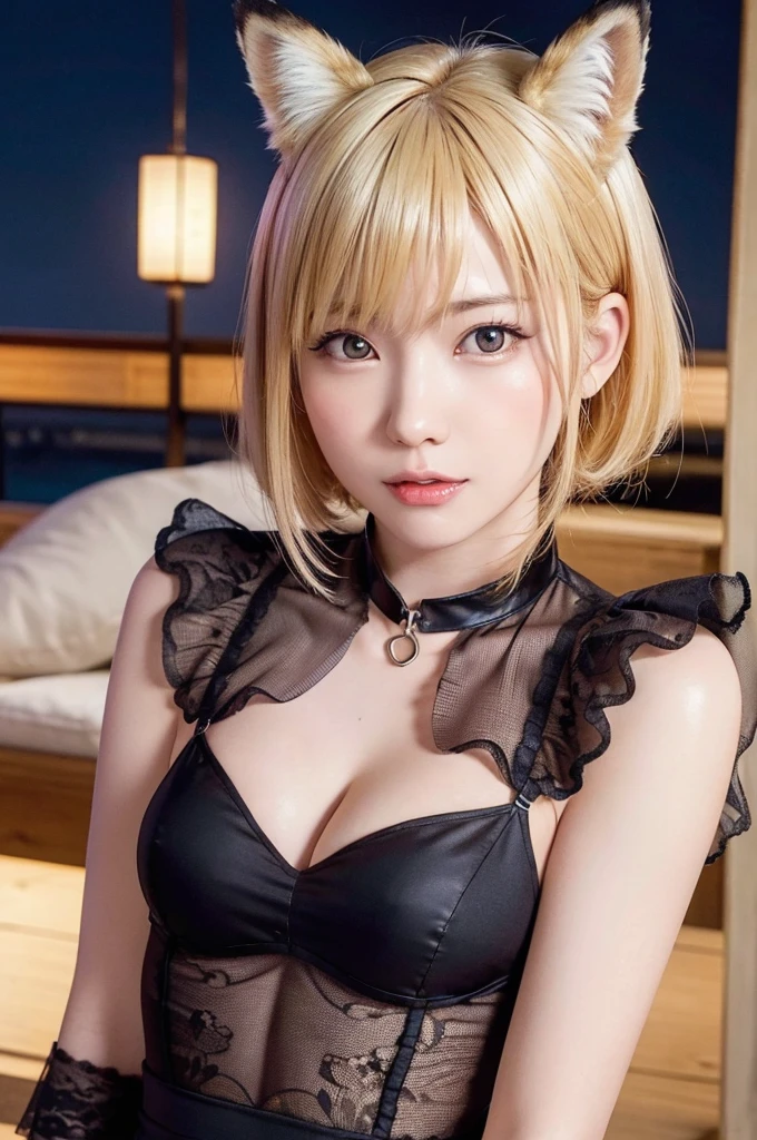 ((Highest quality, Best image quality, Ultra-high resolution)), (Photorealistic), (Realistic), (Ultra-high resolution), Tabletop, Highest quality, Raw photo, Ultra-realistic, Ultra-high resolution, Ray Tracing, ((1 Japanese woman wearing a fox costume)), (Blonde short cut), Mouth closed, Beautiful Face, Sexy figure, High Resolution Finger, High resolution face, High resolution eyes, (Great tit, chest), 24-year-old woman, Rooftop with night view, choker
