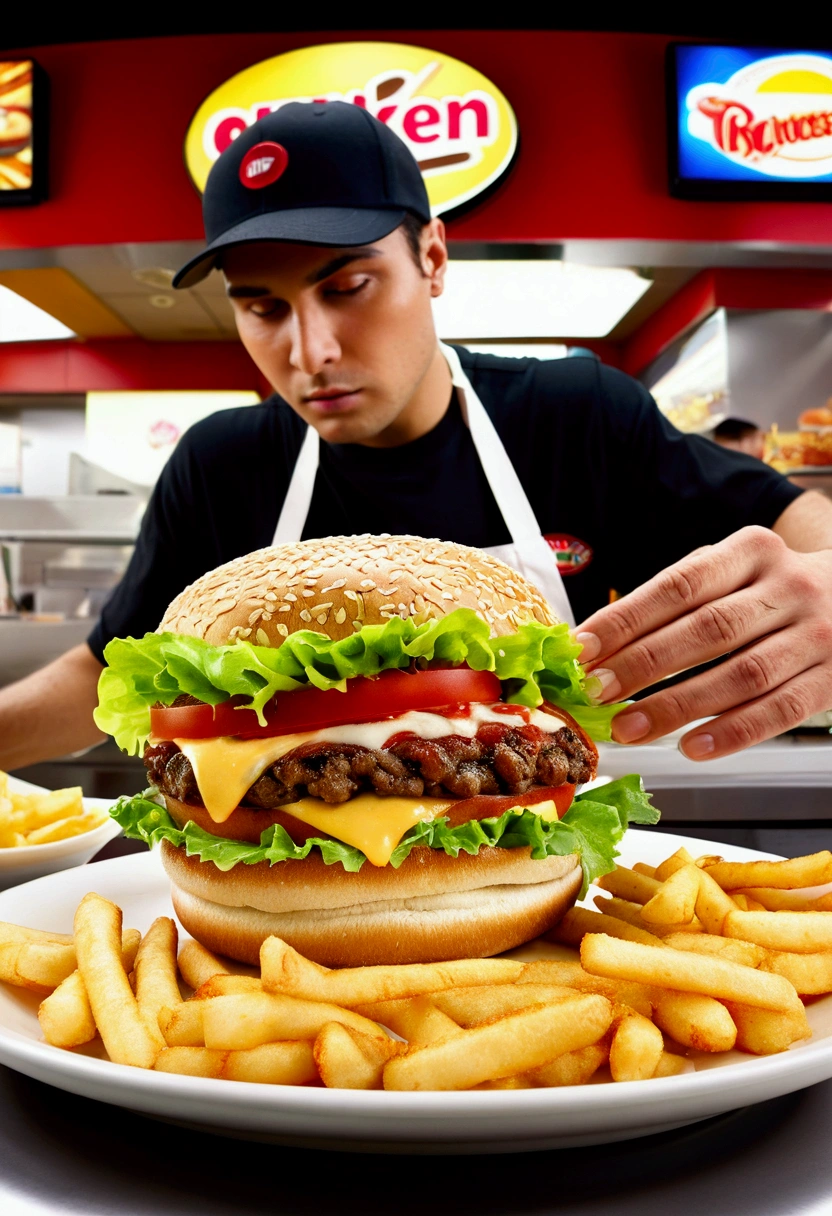 (Fast Food Worker), A fast food clerk is creating various interesting patterns and designs on a burger with lettuce, tomatoes, and sauce, set against the backdrop of a busy fast food restaurant, full body, (Photography), panoramic view, award-winning, cinematic still, emotional, vignette, dynamic, vivid, (masterpiece, best quality, Professional, perfect composition, very aesthetic, absurdres, ultra-detailed, intricate details:1.3)