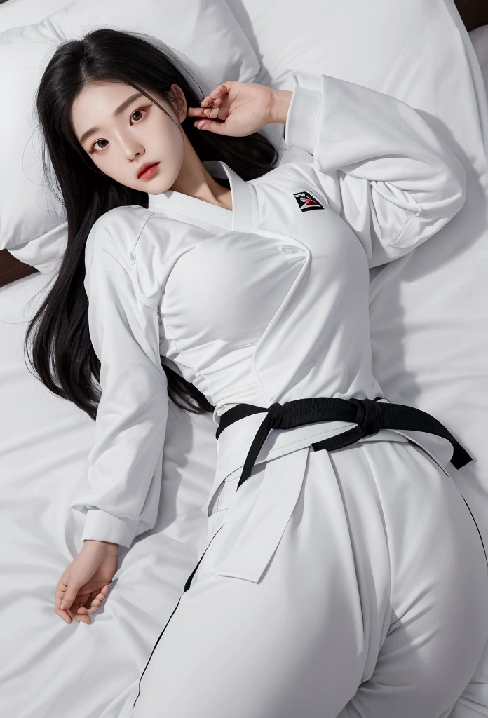 masterpiece, ultra details, best quality, 1 korean taekwondo girl, masterpiece, ultra details, best quality, black long straight hair, wearing white World Taekwondo Federation dobok uniform with black v-neck, wearing taekwondo blackbelt, wearing white martial arts pants without pockets, large sweaty butt, large breasts, laying on hotel bed bending over showing butt, sweat on face