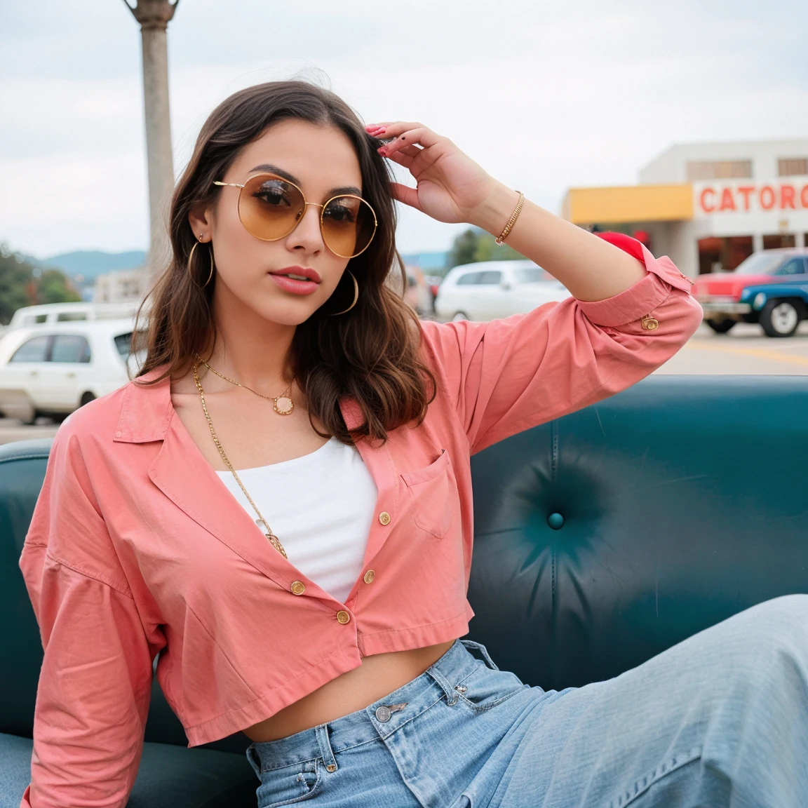 A Girl wearing Retro outfits, vintage accessories, sunglasses, and nostalgic color palettes.