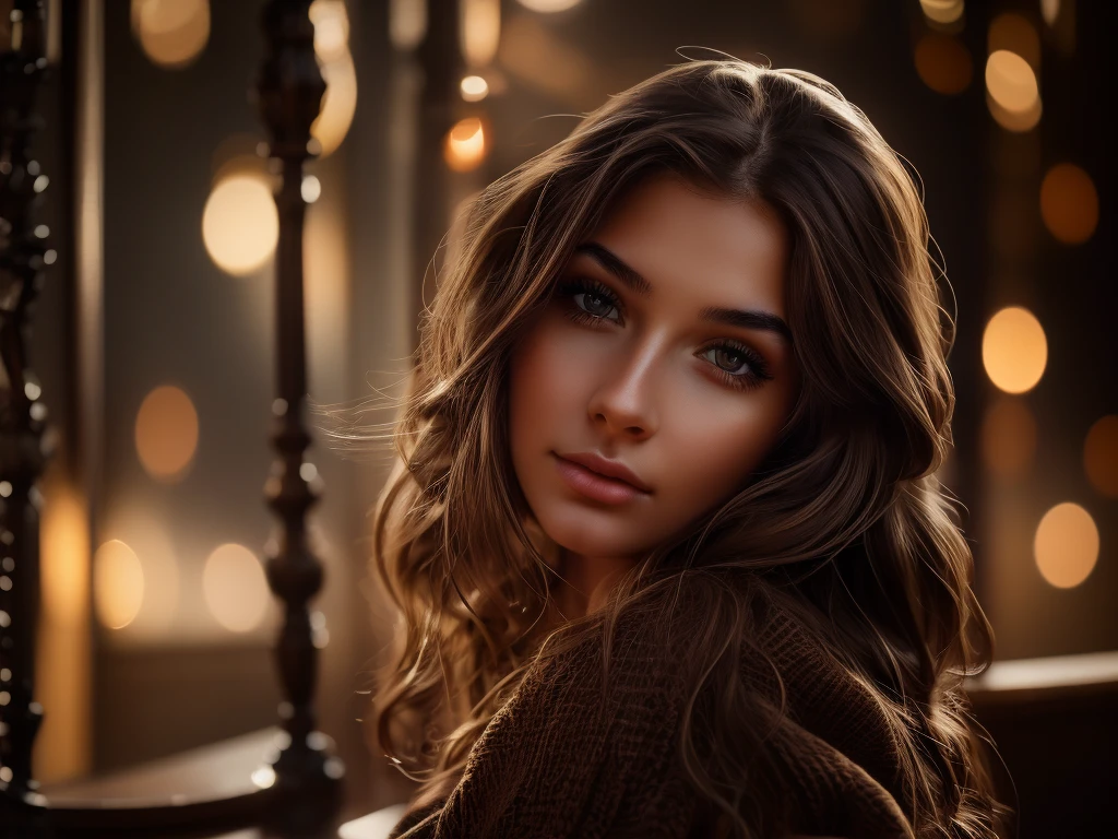 a young woman looking directly at the camera, beautiful detailed eyes, beautiful detailed lips, extremely detailed face, long eyelashes, brown hair, medium shot, photorealistic, highly detailed, cinematic lighting, warm color tones, masterpiece, hyper detailed