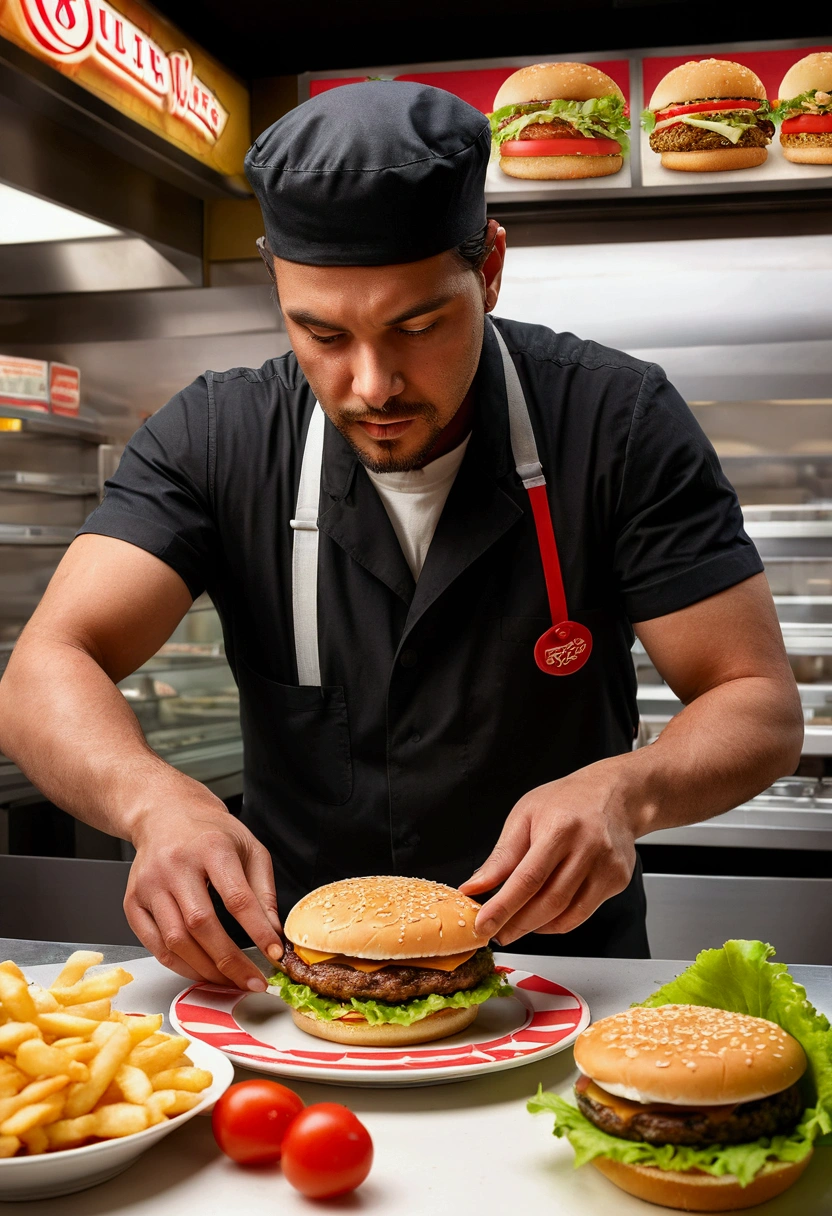 (Fast Food Worker), A fast food clerk is creating various interesting patterns and designs on a burger with lettuce, tomatoes, and sauce, set against the backdrop of a busy fast food restaurant, full body, (Photography), panoramic view, award-winning, cinematic still, emotional, vignette, dynamic, vivid, (masterpiece, best quality, Professional, perfect composition, very aesthetic, absurdres, ultra-detailed, intricate details:1.3)