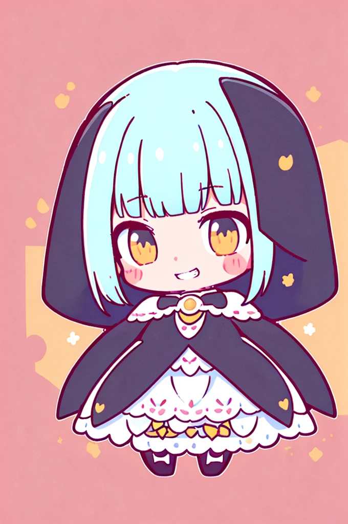 vector art, 1girl, hime cut, white hair, blunt bangs, blush, yellow eyes, short girl, grin, full body, short girl, grin, grinning, moody, black pants, white cape with golden edges, Kindergartener, flat color