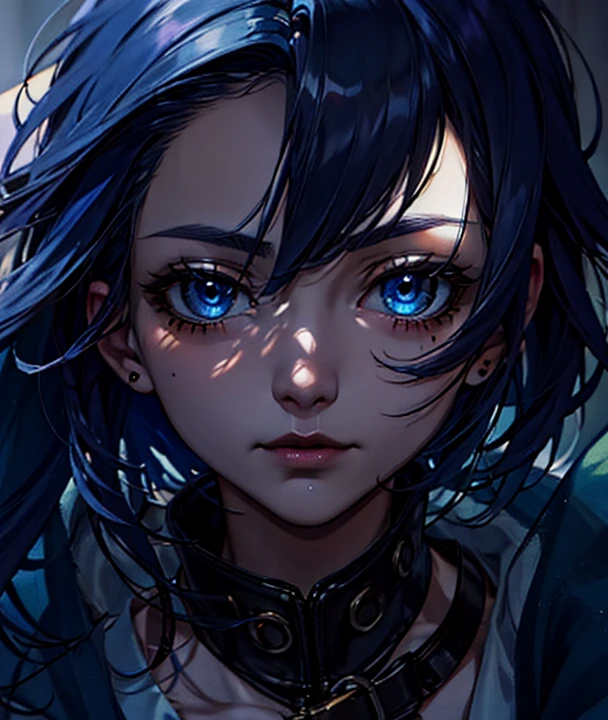 dark blue hair, mole under eye, dashed eyes, first-person view, high detail, anime