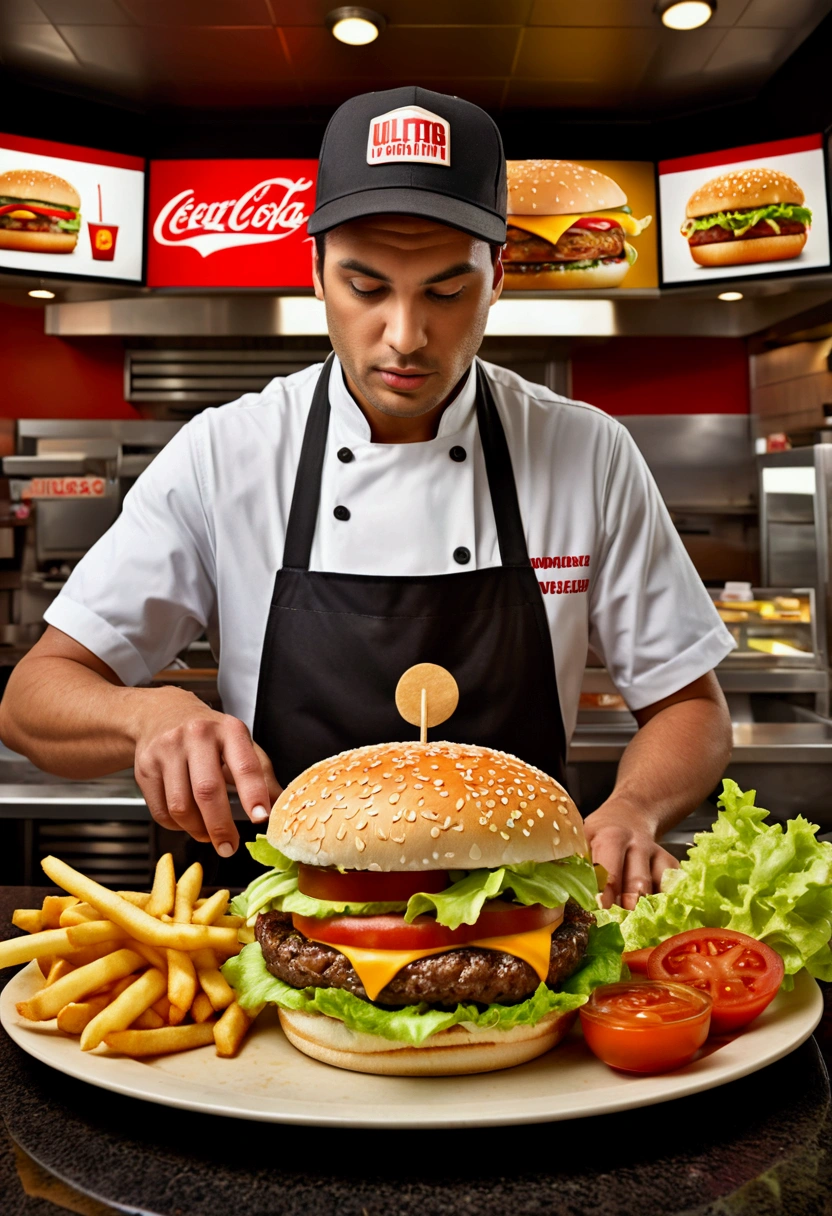 (Fast Food Worker), A fast food clerk is creating various interesting patterns and designs on a burger with lettuce, tomatoes, and sauce, set against the backdrop of a busy fast food restaurant, full body, (Photography), panoramic view, award-winning, cinematic still, emotional, vignette, dynamic, vivid, (masterpiece, best quality, Professional, perfect composition, very aesthetic, absurdres, ultra-detailed, intricate details:1.3)