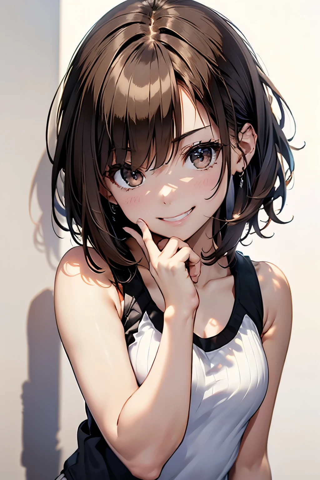best quality, detailed face, highres, 1girl, middle breast, smile, silky dress, good anatomy, looking at viewer, soft focus, cinematic lighting, depth of field, ((happy expression)), middle hair, bare legs, alternative hairstyle,