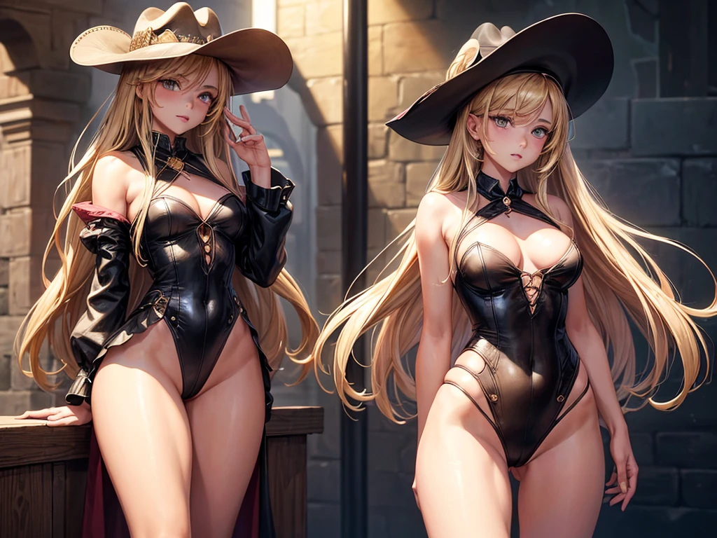 (((depcit very young girl))), (((elegant cowgirl))), sexy, blond hair, long hair, straight hair, cowby hat, wearing leather cowboy clothes, revolvers, open legs, spread legs, brown eyes, thin , small breasts, nice hips, open shoulders, (sassy), (Masterpiece, Excellent, complex details), delicate girl, delicate face, back arched, pretty, sunny desert, a western atmosphere