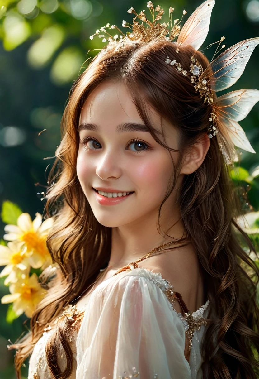((Highest quality))) (((High resolution))) (((8K))) (character) 20-year-old girl, ((Adventurous)) Fairy, ((beautiful)) and ((Happy)), ((Brown Hair)) and ((Long Hair)).