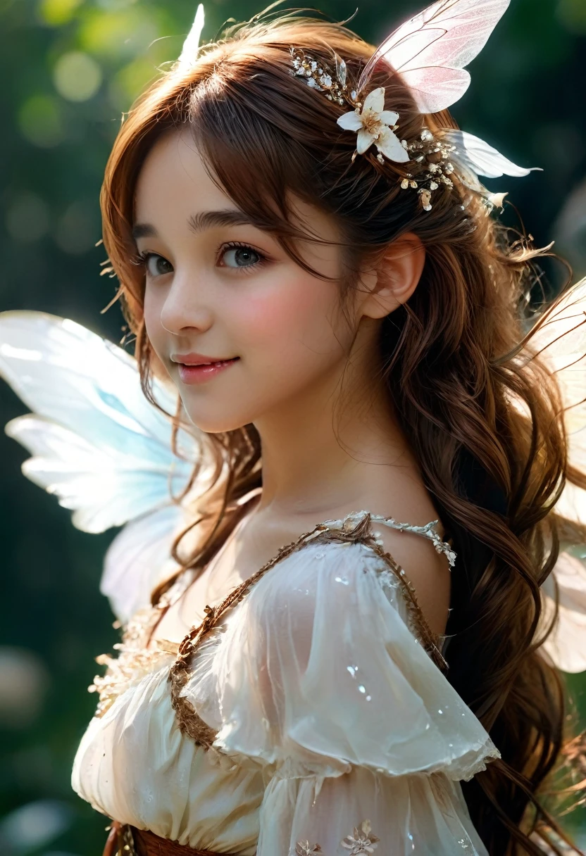 ((Highest quality))) (((High resolution))) (((8K))) (character) 20-year-old girl, ((Adventurous)) Fairy, ((beautiful)) and ((Happy)), ((Brown Hair)) and ((Long Hair)).