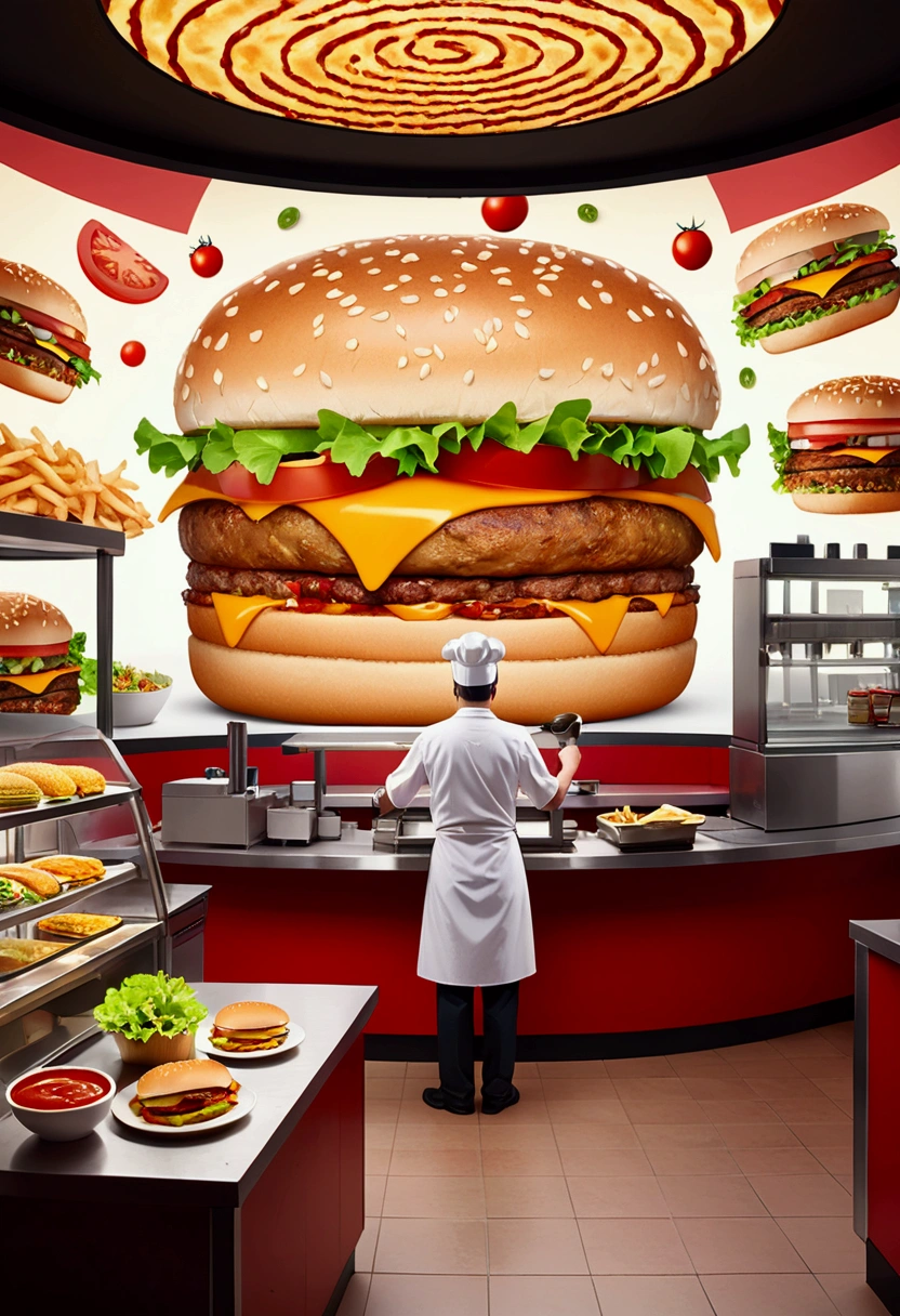 (Fast Food Worker), A fast food clerk is creating various interesting patterns and designs on a burger with lettuce, tomatoes, and sauce, set against the backdrop of a busy fast food restaurant, full body, (Photography), panoramic view, award-winning, cinematic still, emotional, vignette, dynamic, vivid, (masterpiece, best quality, Professional, perfect composition, very aesthetic, absurdres, ultra-detailed, intricate details:1.3)