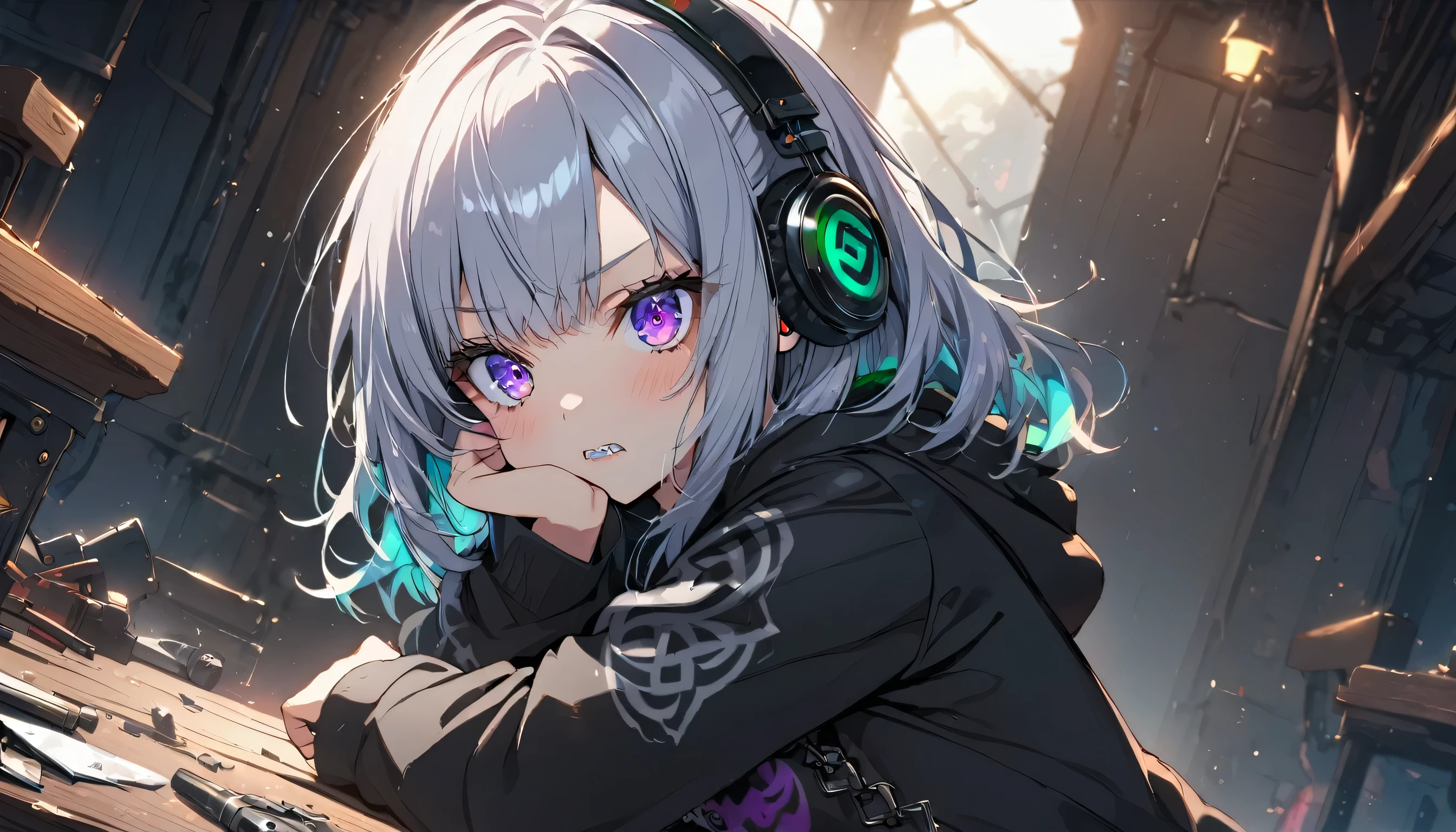 ((Masterpiece)), ((best quality)), (Anime:1.3), (super detail:1.2), (High Definition:1.3), (Professional Photography:1.3), cute young Girl, Glossy unruly hair, (loose swept bangs), (silver ash hair), medium hair, big eyes, (Eye bags:1.3), (Long eyelashes), colorful eyes, (disappointed while looking at the broken gun at the table), Glossy lips, (jagged teeth), farewell, ((black hoodie with oversized)), mini skirt, (upper body:1.3), barearms, cute, (colorful:1.3), gothic makeup, (wearing headphone), pretty, Celtic, maniac, (at Armory:1.3), (dutch angle:1.3), 