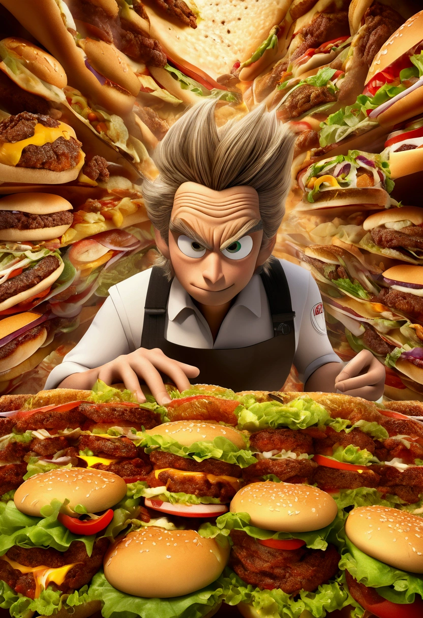 (Fast Food Worker), A fast food clerk is creating various interesting patterns and designs on a burger with lettuce, tomatoes, and sauce, set against the backdrop of a busy fast food restaurant, full body, (Photography), panoramic view, award-winning, cinematic still, emotional, vignette, dynamic, vivid, (masterpiece, best quality, Professional, perfect composition, very aesthetic, absurdres, ultra-detailed, intricate details:1.3)