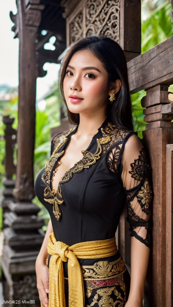 masterpiece, malaysian girl, indonesian girl ,ultra realistic,32k,intricate details, sharp focus, realistic, closed, seductive pose, black eyes, jewelr, lips, realistic, looking_at_viewer, wet skin, shiny skin, SHORT SLEVES, indonesian clothes, bali, balinese, cityscape, transparent standing pose,(( black red kebaya)),perfect breast, big breast, full body,busty body,curvy body,long hair,beauty face,cowboy shot,