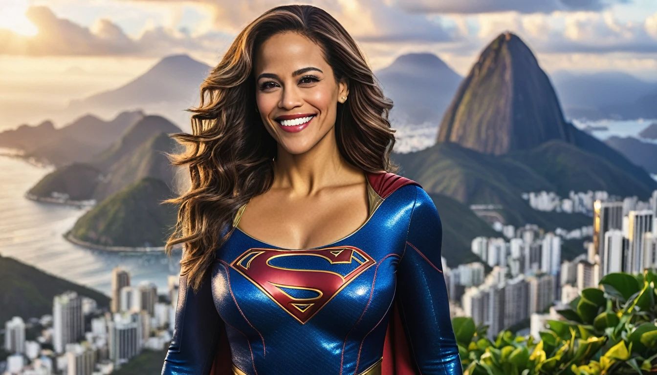 (((Rio de Janeiro City sky))); MARVEL CINEMATIC UNIVERSE, Marvel, DC, Paula Patton (((discreet smile; Beautiful and powerful))) in 1984 Supergirl (((movie))) costume, epic background, upper body, badass look, photo (Masterpiece) (Best quality) (detail) (8K) (HD) (Wallpaper) (Cinematic lighting) (Sharp Focus) (Intricate)