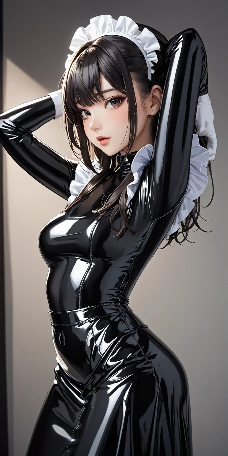 Portraiture、(masterpiece,Highest quality,Ultra-high resolution),Japanese women, (((Very beautiful 25 year old girl))),(White latex maid outfit)、(White latex long skirt)、(A long-sleeved white latex shirt covering the upper body)、White latex long gloves、White latex socks、Latex bodysuit、The clothes fit snugly to the body、Latex is very shiny、Dark Room、