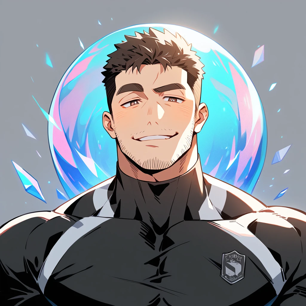 anime characters：Chris Redfield, Muscle Sports Student, Buzz Cut, Manliness, male focus, Dark black high collar long sleeve tight T-shirt, Slightly transparent material, Very tight, Round, full and perky chest muscles, muscular male, muscular, only, Upper body, alone, Black short hair, Thick eyebrows, stubble, Brown-red pupils, Grey background, simple background, amazing quality, best aesthetics, Ridiculous, crew cut, parted lips, raised eyebrow, seductive smile, naughty face, best quality