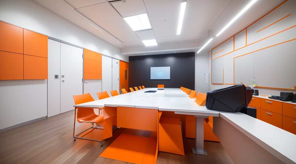 According to customer request, Below are some office design ideas with meeting rooms., A big table and (Origami idea of continuously repeating origami blocks) use orange color, Blue and white. The table is、They can be made from wood or other materials that are luxurious and high quality.。. White countertops give a clean look, bright, Modern look. The white contrasts beautifully with the orange and blue.. The conference table design features soft curves and rounded edges., Soft, Comfortable space.