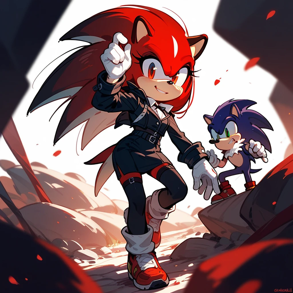 Jim Mahfood Style - sonic the hedgehog, By Marc Silvestri, trash polka style, woman zombie, action pose, comic, heavy linework, agressive, woman in black and white, red tones and black background