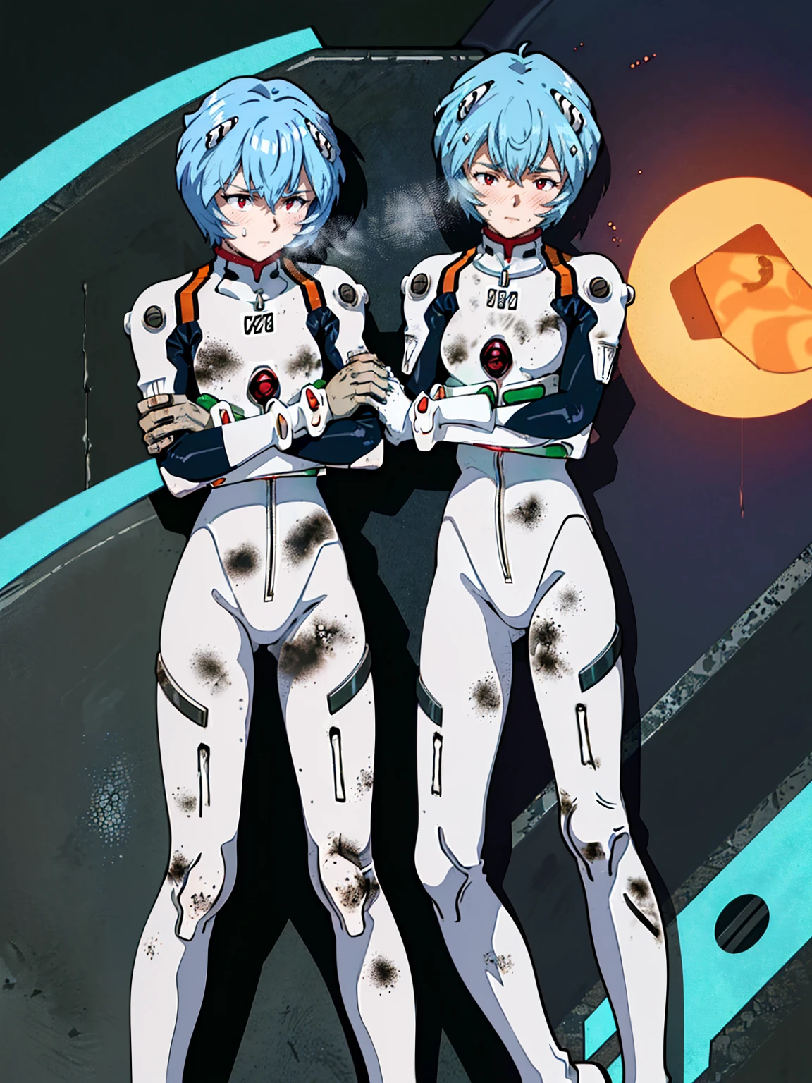 ((Highest quality, 8k wallpaper)),(masterpiece, Highest quality),Very detailed,High resolution,(Official Art:1.3),(((Anime screenshots,Black outline))),One girl,alone, Break mer1,(Rei Ayanami {Neon Genesis Evangelion,}1.2),masterpiece, best quality, outdoor, 1girl, Solo,red eyes,short hair,blue hair, (White plug suit:1.4), skin tight,(backlight, shaded face, cross-eyed, rolling eyes, empty eyes, jitome, raised eyebrows, one eye closed:1.3),(Tired look, A look of regret, Struggled, Half-closed eyes, fear, humiliation, Frightened, anxiety:1.3),(((Covered in sweat, Mass sweat, Sweating profusely,steam:1.7))), (((fighting stance, knees together feet apart, leaning forward, holding own arm, bent legs:1.6))),(((独奏, cowboy shot:1.6))),(((dirty:1.4)))
,