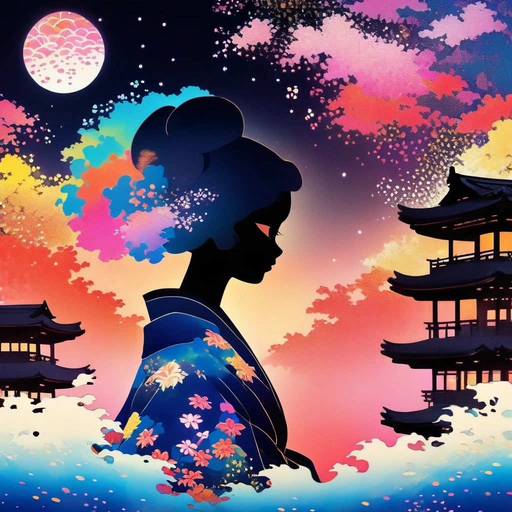 Microphotography, Anime girl made of glass in kimono silhouette, vibrant rainbow river, fireworks in night sky, colorful coral reefs, detailed illustration, Ukiyo-e style --ar 3:4 --style raw --stylize 600 --niji 6