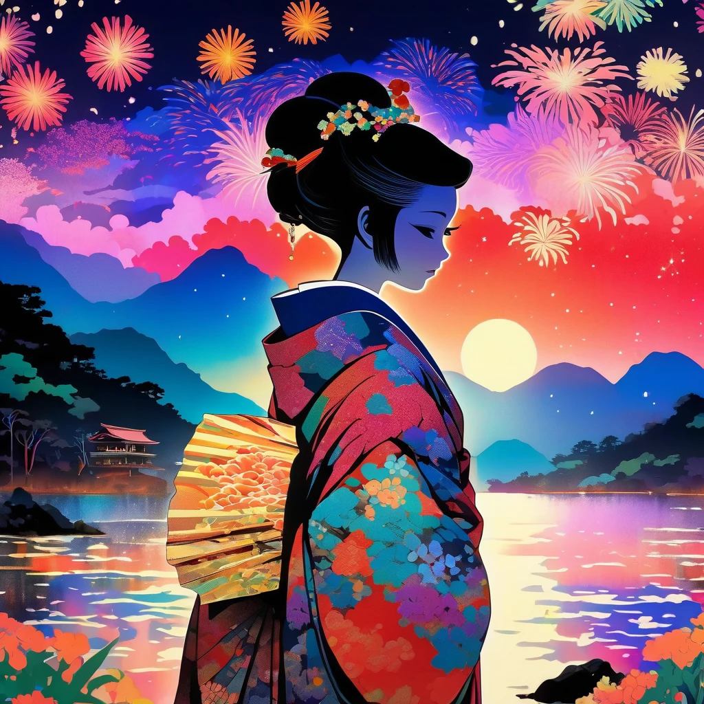 Microphotography, Anime girl made of glass in kimono silhouette, vibrant rainbow river, fireworks in night sky, colorful coral reefs, detailed illustration, Ukiyo-e style --ar 3:4 --style raw --stylize 600 --niji 6