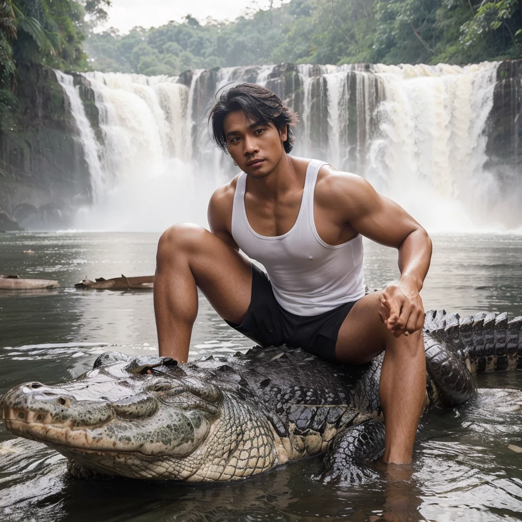 A handsome 30-year-old Indonesian man with layered hair, wearing a white singlet and black shorts, is playing with a large crocodile in a river. The jungle and a waterfall serve as the backdrop