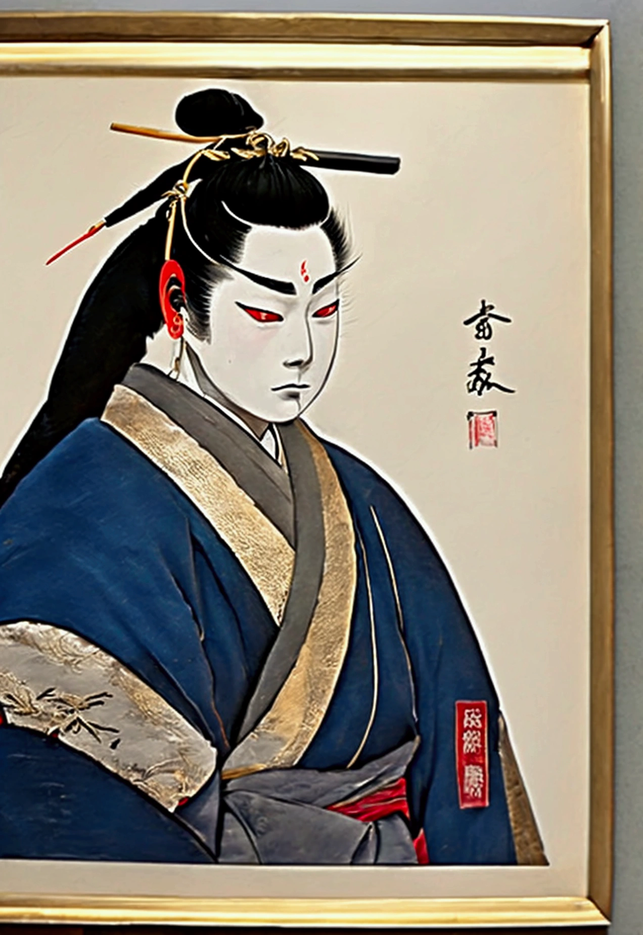 ((best qualityer)), ((work of art)), (detailded) kor: 90 Years Appearance: man hair: gris, long and tied into a traditional bun, with some loose threads. muka: Deeply wrinkled, with a serene and wise expression. eyeballs: brown, with an obvious scar on the right eye. tenue: Japanese traditional kimono, dark blue with gold details. Accessories: Wear a pair of round glasses. stance: Erect and dignified, reflecting your wisdom and life experience.
