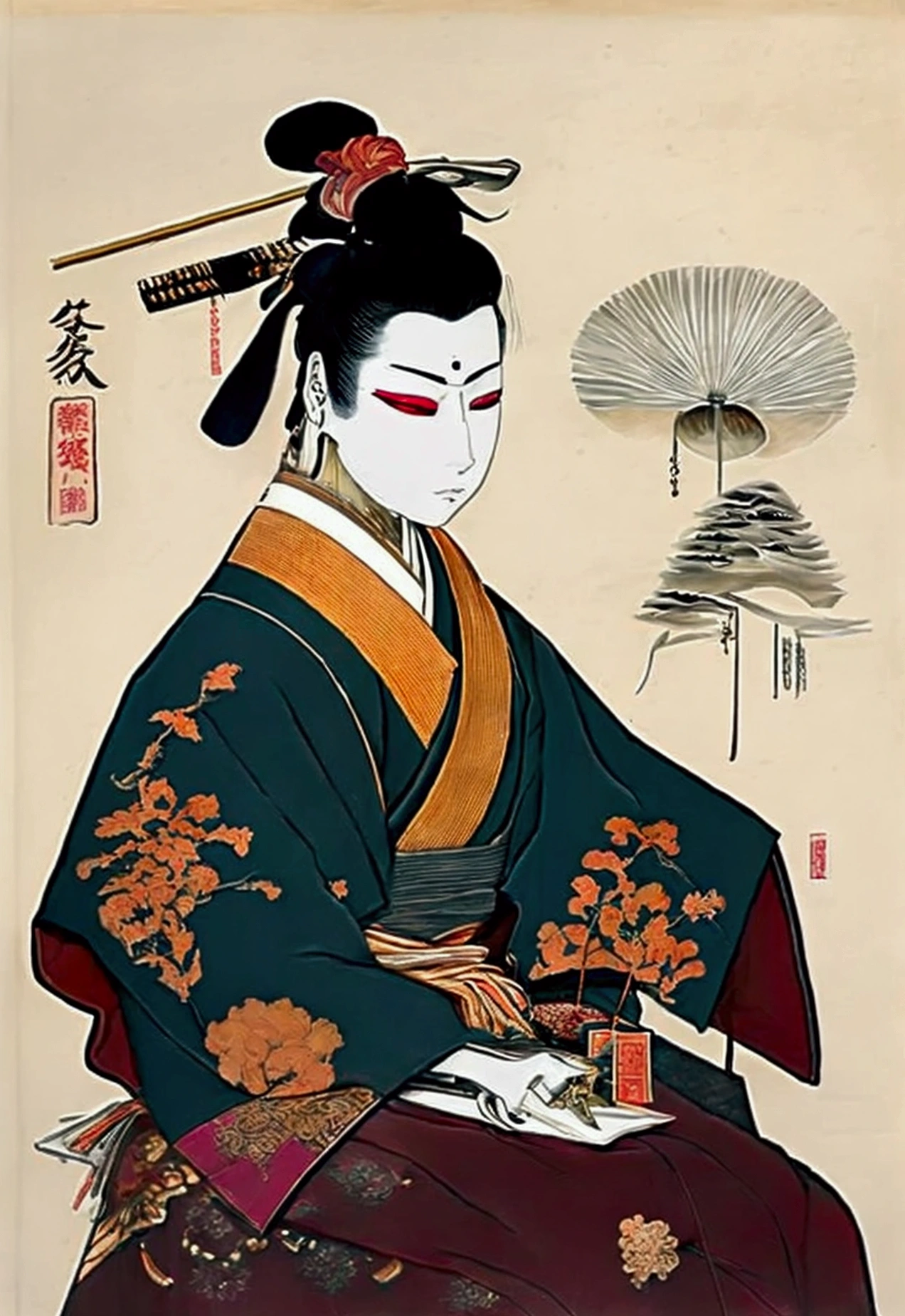 ((best qualityer)), ((work of art)), (detailded) kor: 90 Years Appearance: man hair: gris, long and tied into a traditional bun, with some loose threads. muka: Deeply wrinkled, with a serene and wise expression. eyeballs: brown, with an obvious scar on the right eye. tenue: Japanese traditional kimono, dark blue with gold details. Accessories: Wear a pair of round glasses. stance: Erect and dignified, reflecting your wisdom and life experience.
