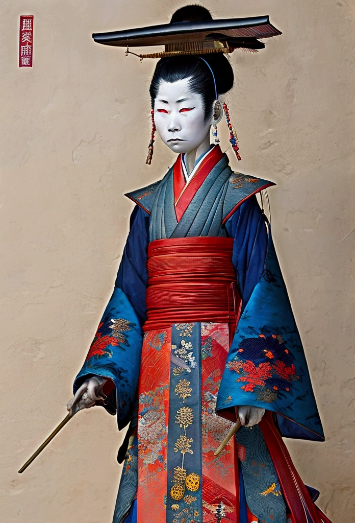 ((best qualityer)), ((work of art)), (detailded) kor: 90 Years Appearance: man hair: gris, long and tied into a traditional bun, with some loose threads. muka: Deeply wrinkled, with a serene and wise expression. eyeballs: brown, with an obvious scar on the right eye. tenue: Japanese traditional kimono, dark blue with gold details. Accessories: Wear a pair of round glasses. stance: Erect and dignified, reflecting your wisdom and life experience.
