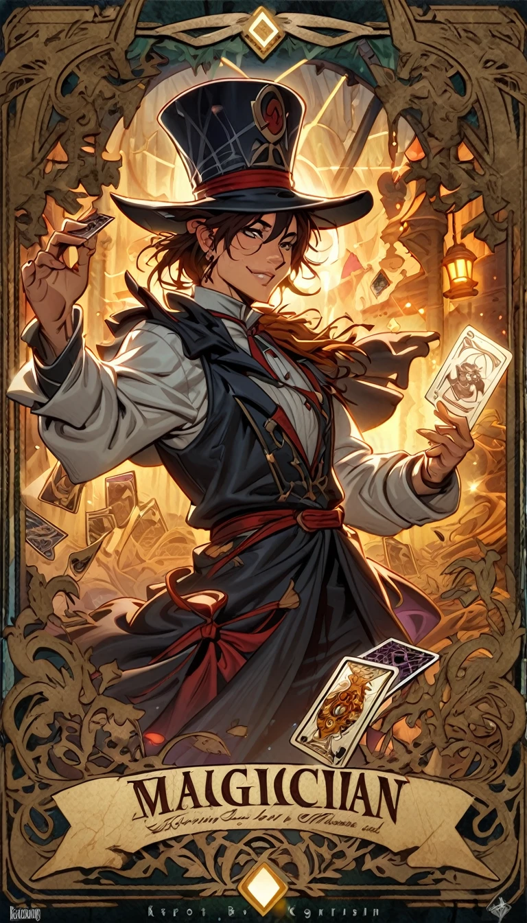 Tarot Cards, magician, ((Text on the card: "magician"))artwork:Brian Froud、Carne Griffith、Vadim Kashin, Intricate details, Oil