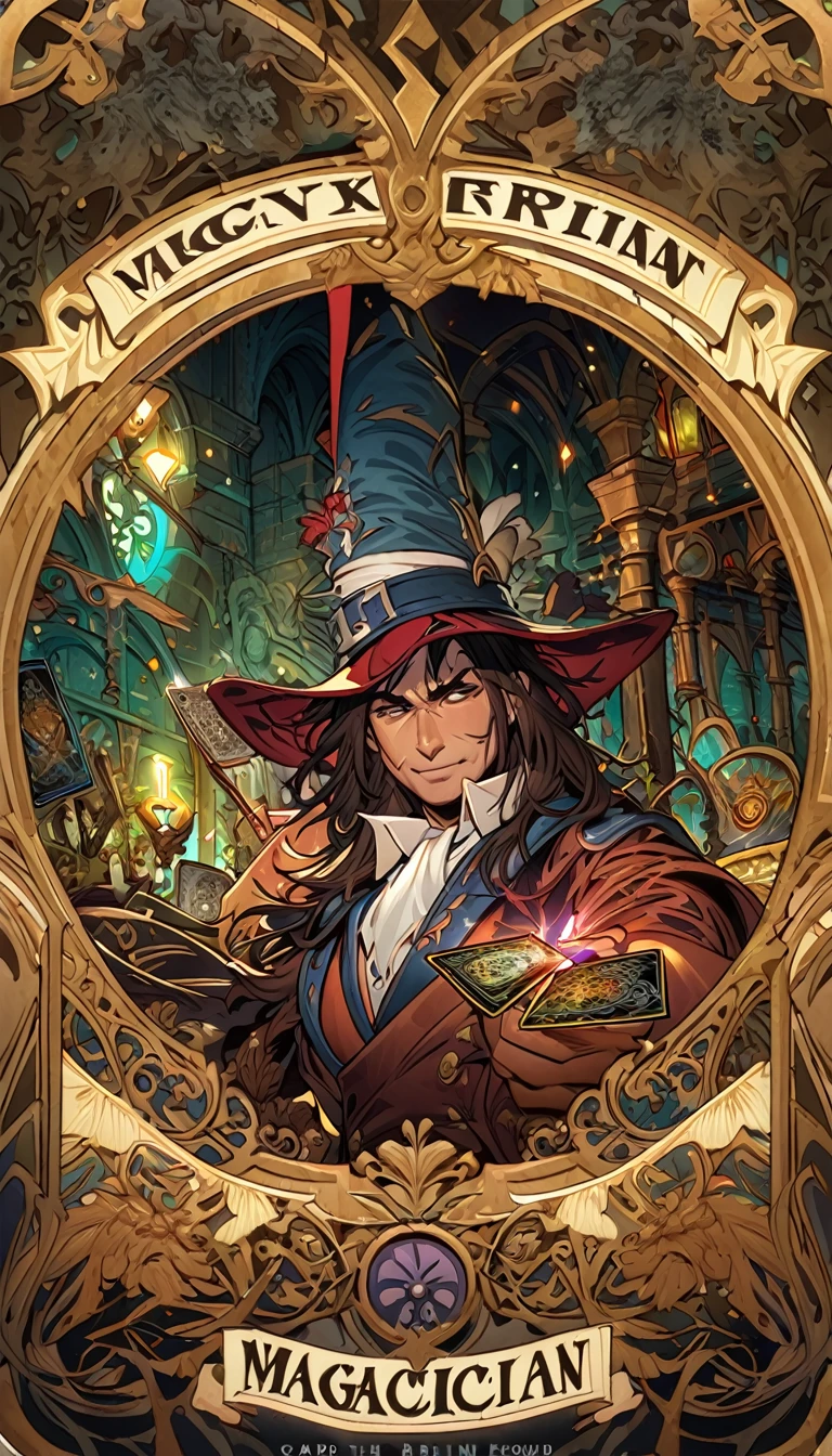 Tarot Cards, magician, ((Text on the card: "magician"))artwork：Brian Froud、Carne Griffith、Vadim Kashin, Intricate details, Oil

