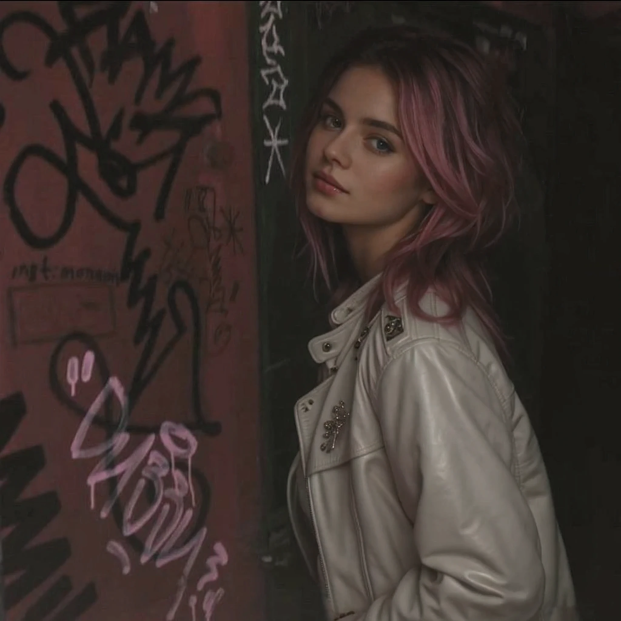 (())), 25-year-old Caucasian French girl with shoulder-length messy pink hair, adorned with , hair l . Captured in the best quality, this illustration serves as a 4K wallpaper,white black leather jacket
