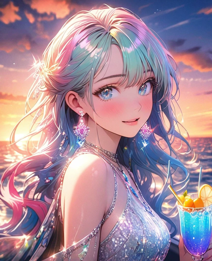 8K,gal,an extremely delicate and beautiful,Beautiful and realistic skin,Shiny jewel-like earrings,Long colorful hair,beautiful eyes,shine like glitter,drink alcohol,beautiful sunset