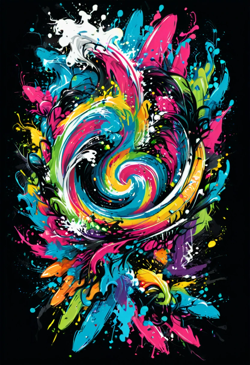 T-shirt designs, vectorial art, surfboard colorful illustration, At the center, swirly vibrant colors, paint splashes and smears, high détail, black backdrop
(work of art, best qualityer, proffesional, perfect composition, very aesthetic, absurdrez, super verbose, details Intricate:1.3)
