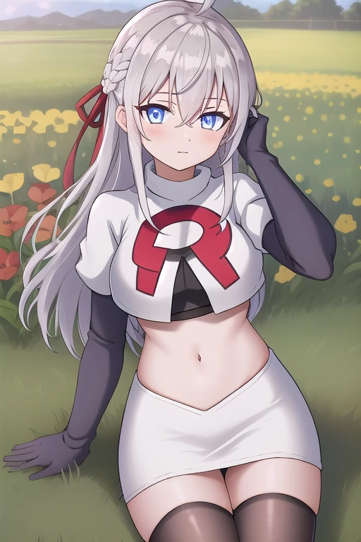 alisa,1girl,solo,long_hair,looking_at_viewer,bangs,blue_eyes,hair_between_eyes,hair_ribbon,ahoge,grey_hair,team rocket,team rocket uniform,white skirt,red letter R,crop top,black thigh-highs,black elbow gloves,flower_field