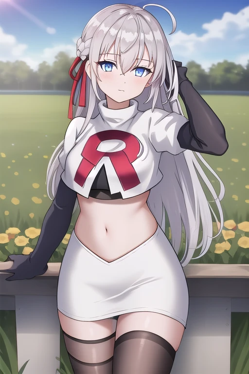 alisa,1girl,solo,long_hair,looking_at_viewer,bangs,blue_eyes,hair_between_eyes,hair_ribbon,ahoge,grey_hair,team rocket,team rocket uniform,white skirt,red letter R,crop top,black thigh-highs,black elbow gloves,flower_field